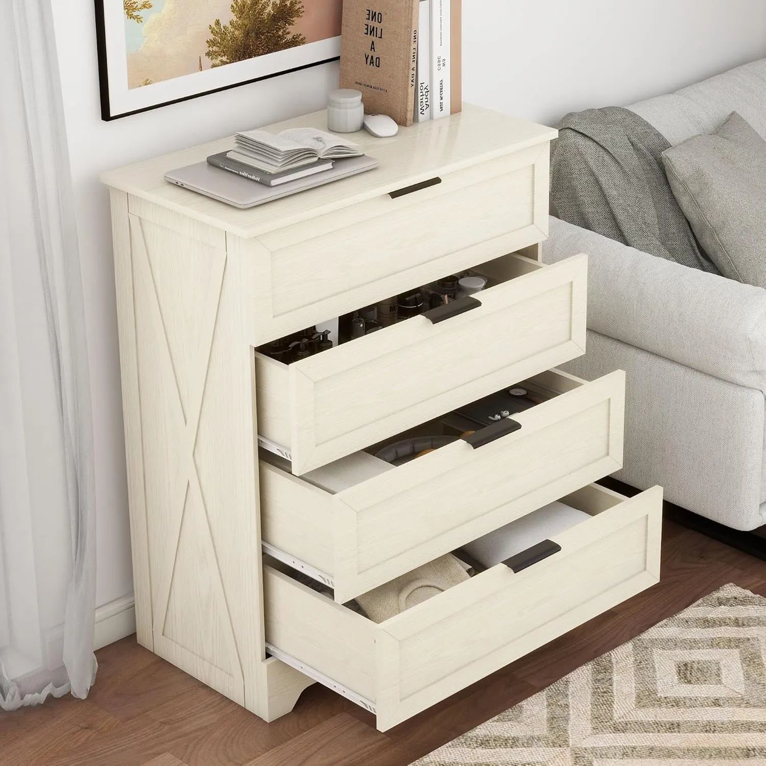 4 Drawer Dresser for Bedroom, Tall Bedroom Dresser with Large Drawer & Black Handles, Wooden Storage Organizer Cabinet Chest of Drawer for Closet, Living Room, Hallway, Light Oak