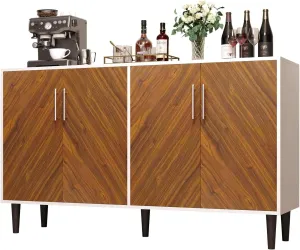 4 EVER WINNER Coffee Bar Cabinet with Storage, 58" Buffet Cabinet with 4 Doors & Adjustable Shelf, Credenza Cabinets, White