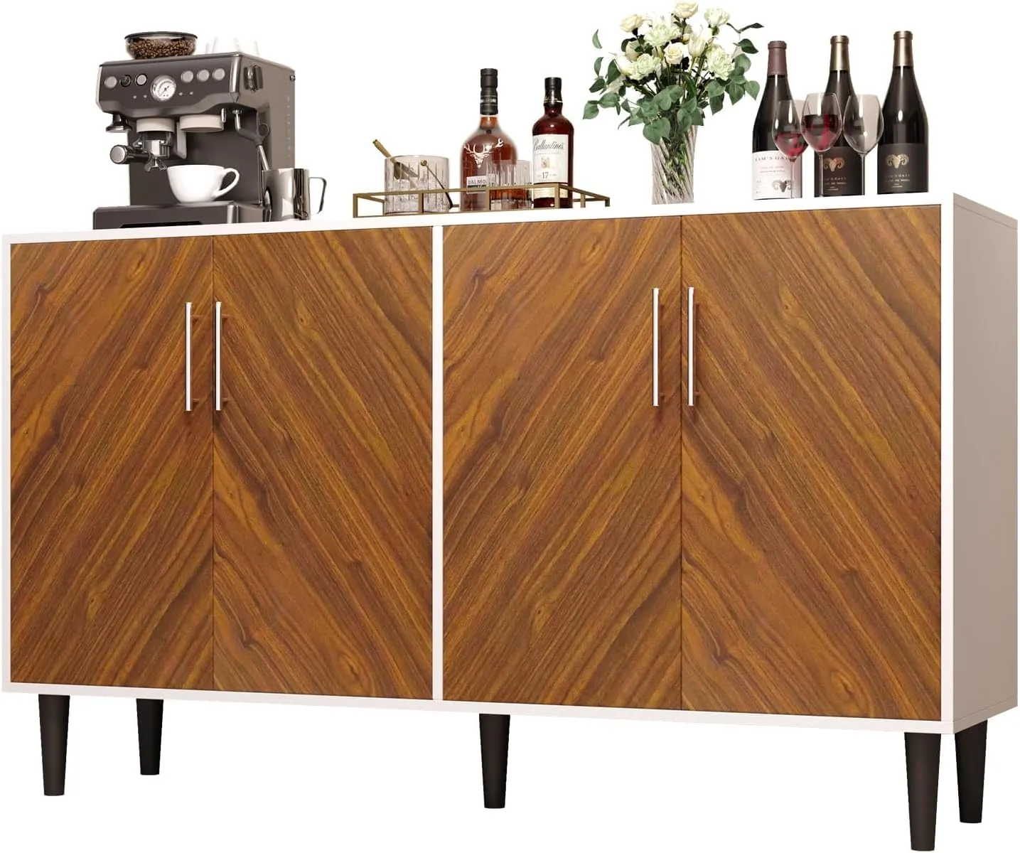 4 EVER WINNER Coffee Bar Cabinet with Storage, 58" Buffet Cabinet with 4 Doors & Adjustable Shelf, Credenza Cabinets, White