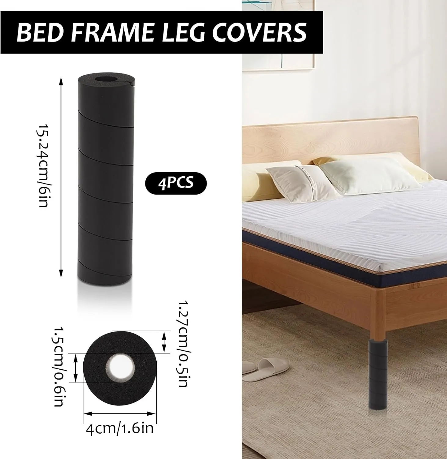 4 Pcs Bed Frame Toe Protectors,6" Bed Frame Leg Covers,Bed Frame Feet Protectors for Toe from Collision with Bed and Furniture Legs Bed Corner Guards No Adhesive or Glue,Black