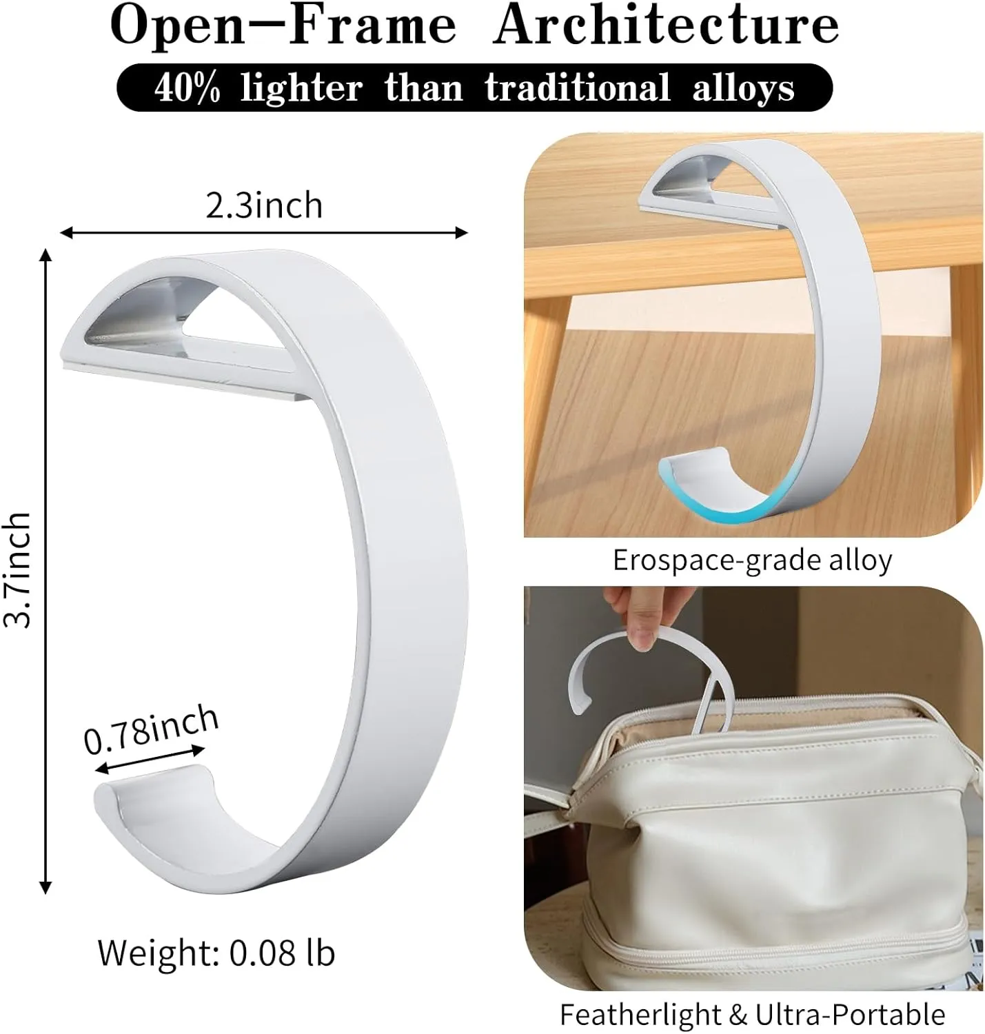 4 PCS Purse Hook for Table Heavy Duty, e-Shape Bag Hanger for Table, Classroom, Office, Travel, Multi-Use Portable Bag Hook for Desk, Headphone, Key, Backpack, Office Table Accessories (White)