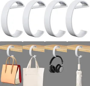 4 PCS Purse Hook for Table Heavy Duty, e-Shape Bag Hanger for Table, Classroom, Office, Travel, Multi-Use Portable Bag Hook for Desk, Headphone, Key, Backpack, Office Table Accessories (White)