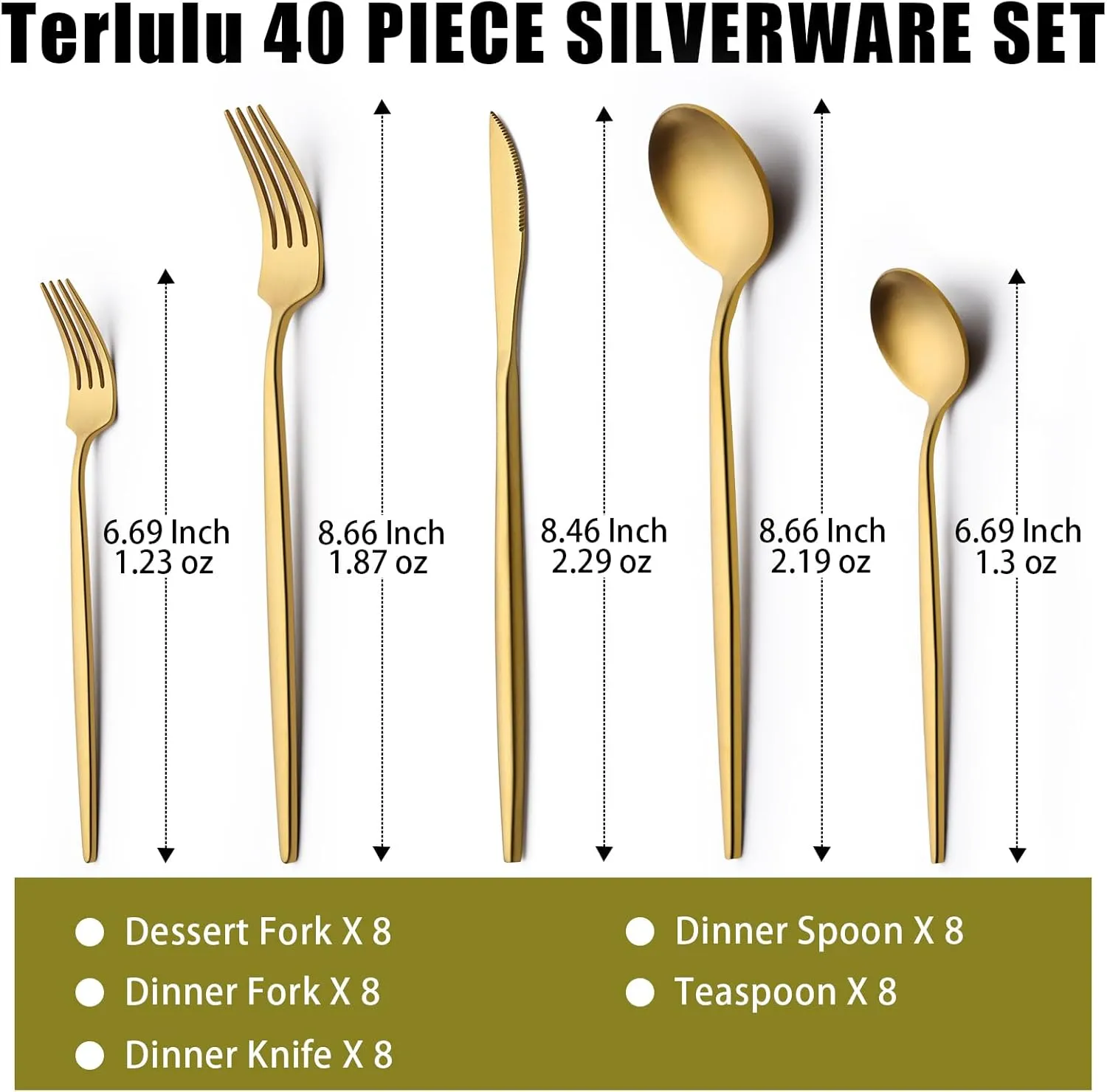 40 Piece Gold Silverware Set for 8, Terlulu Stainless Steel Flatware Set, Gold Cutlery Set Utensils Set, Tableware Include Forks Knives Spoons for Home Kitchen Restaurant Wedding, Satin Finish