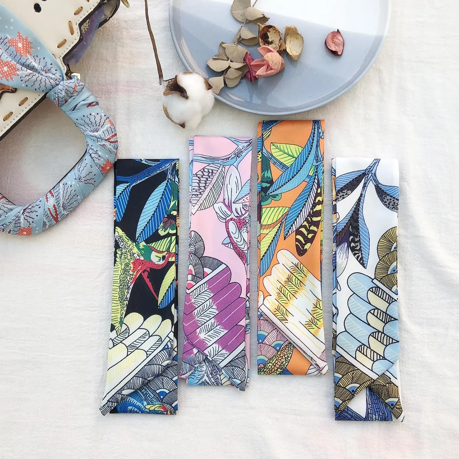 4pcs Purse Scarf For Handbags Silk Head Scarf For Hair Fashion Skinny Scarf For Women Long Neckerchief