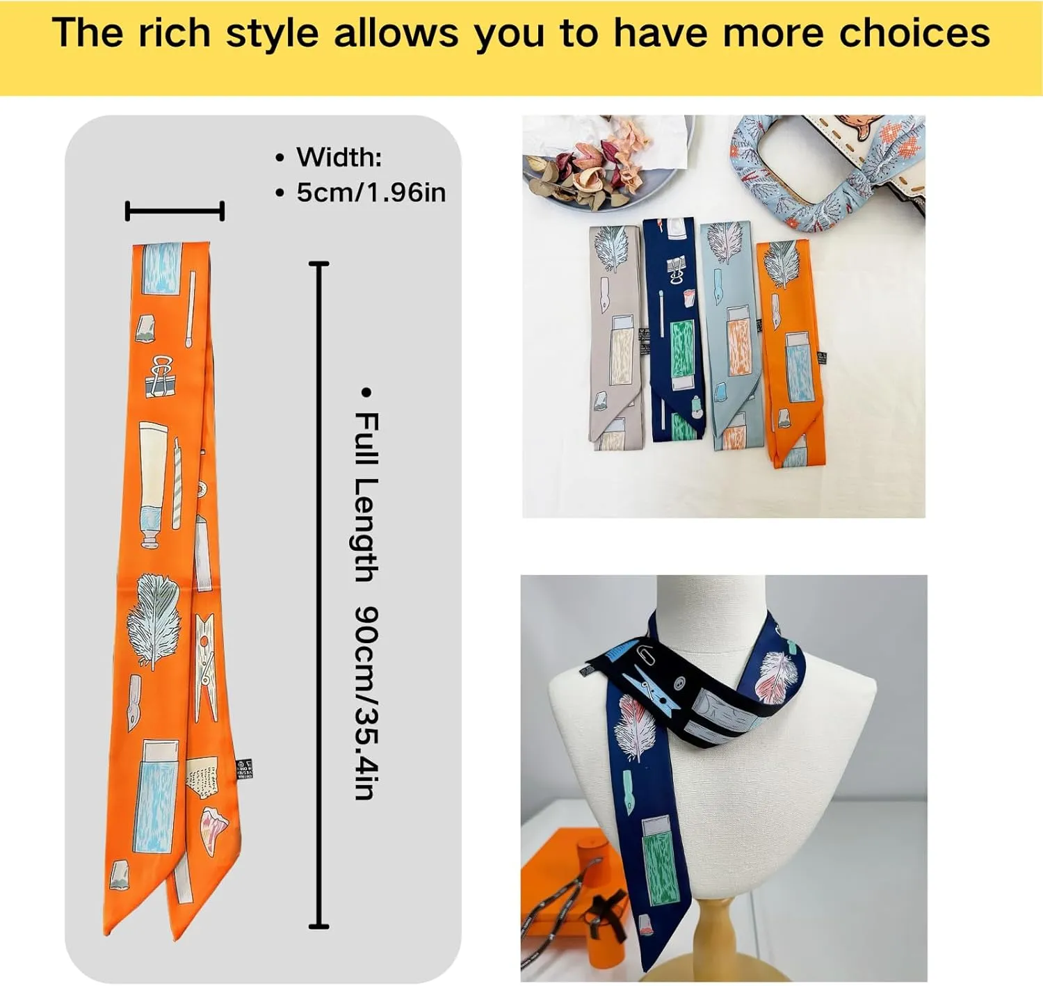 4pcs Purse Scarf For Handbags Silk Head Scarf For Hair Fashion Skinny Scarf For Women Long Neckerchief