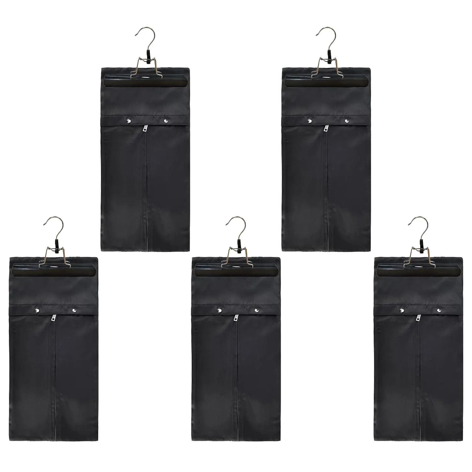 5 Packs Satin Wigs Storage Bag Hair Extensions Holder with Wooden Hangers Hairpieces Ponytail Bundles Carrier Case Hanging Protector Pouch for Travel Daily Use (Black)