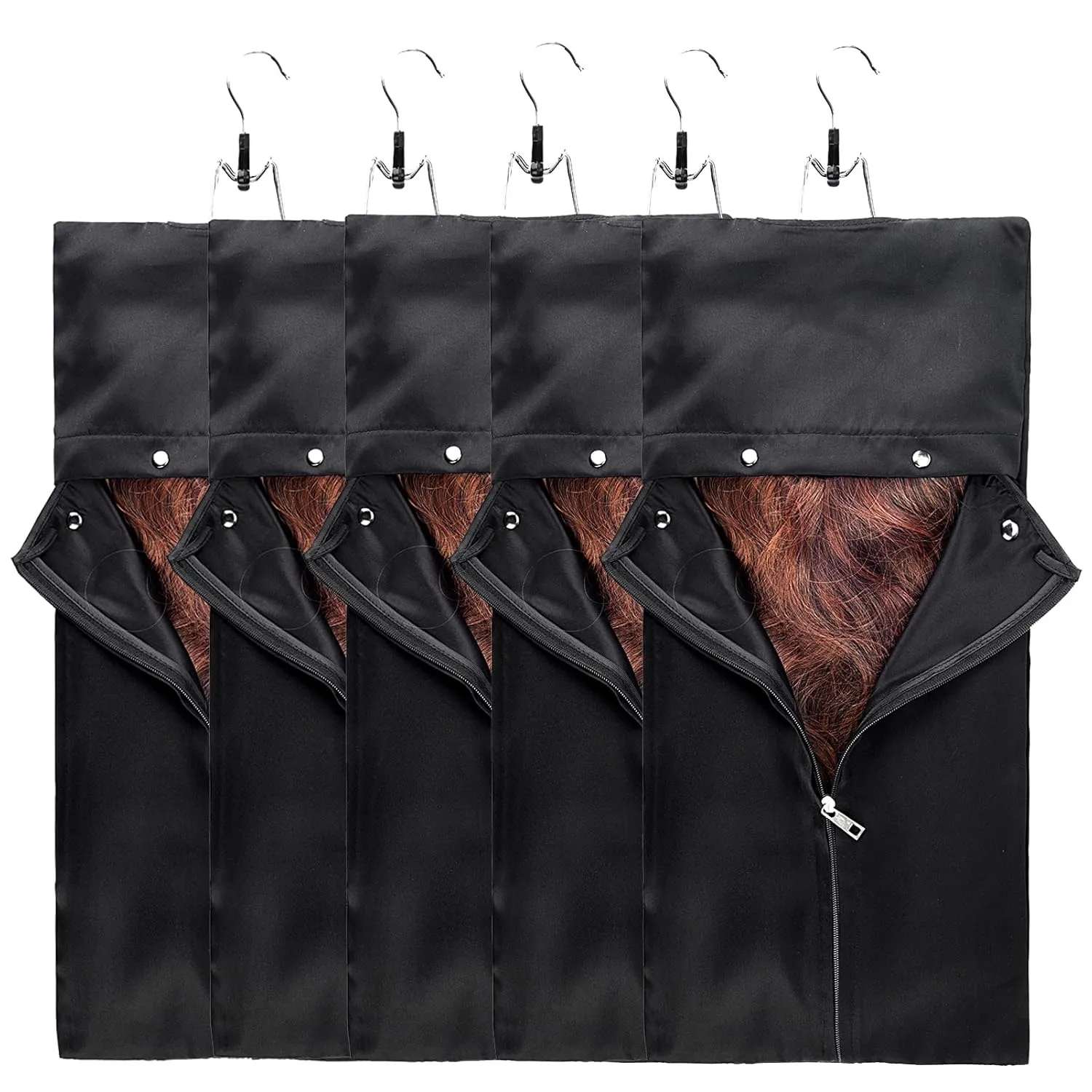 5 Packs Satin Wigs Storage Bag Hair Extensions Holder with Wooden Hangers Hairpieces Ponytail Bundles Carrier Case Hanging Protector Pouch for Travel Daily Use (Black)
