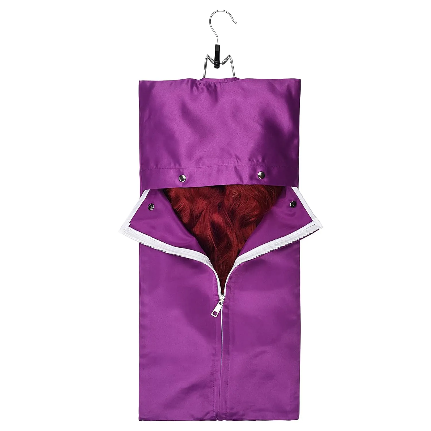 5 Packs Satin Wigs Storage Bag Hair Extensions Holder with Wooden Hangers Hairpieces Ponytail Bundles Carrier Case Hanging Protector Pouch for Travel Daily Use (Purple)