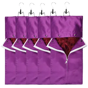 5 Packs Satin Wigs Storage Bag Hair Extensions Holder with Wooden Hangers Hairpieces Ponytail Bundles Carrier Case Hanging Protector Pouch for Travel Daily Use (Purple)