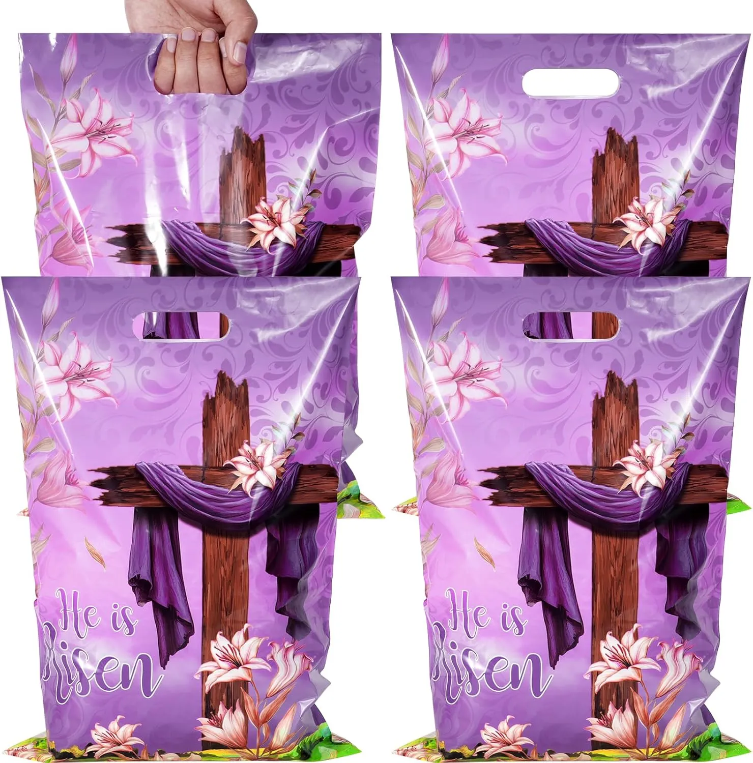 50 Pcs Large Easter He is Risen Party Favor Treat Bags Bulk, Plastic Goodie Bags with Handles, Spring Lily Cross Religious Easter Bag for Egg Hunt Party Supplies and Gifts Wrapping, 11 x 16.5 Inch