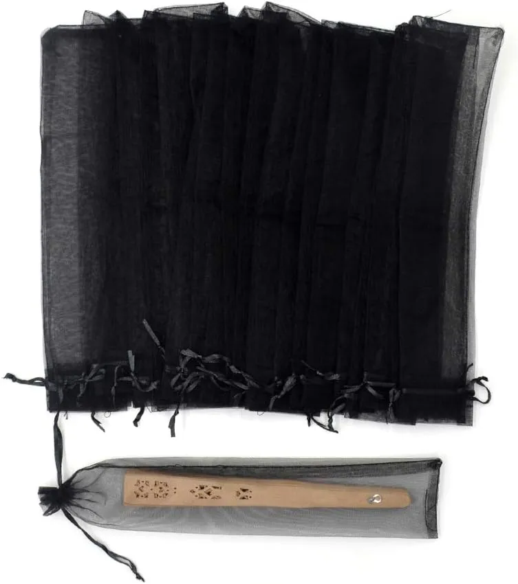50Pcs Black Hand Fan Organza Bags, 2x10 Inches Sheer Halloween Drawstring Pouches Folding Fan Gift Bags for Packaging Wedding Party Favor