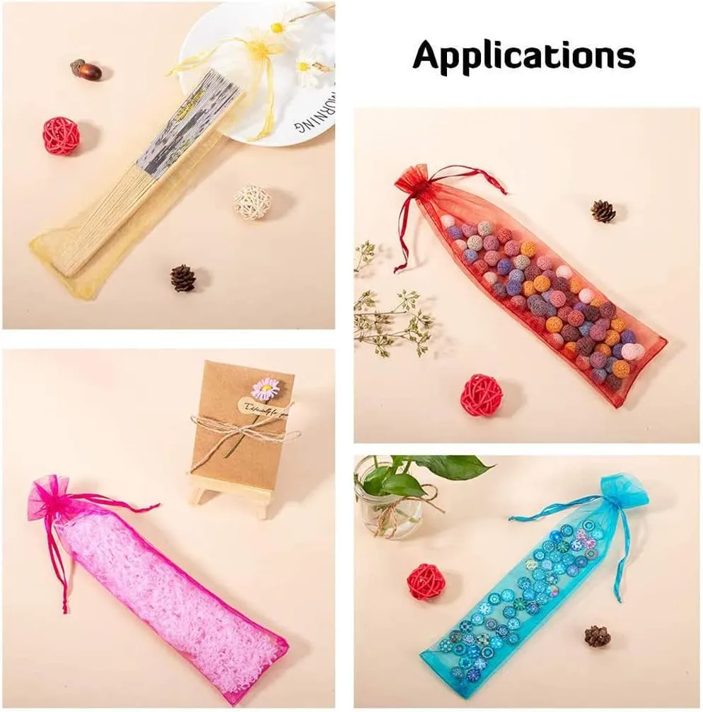 50Pcs Black Hand Fan Organza Bags, 2x10 Inches Sheer Halloween Drawstring Pouches Folding Fan Gift Bags for Packaging Wedding Party Favor