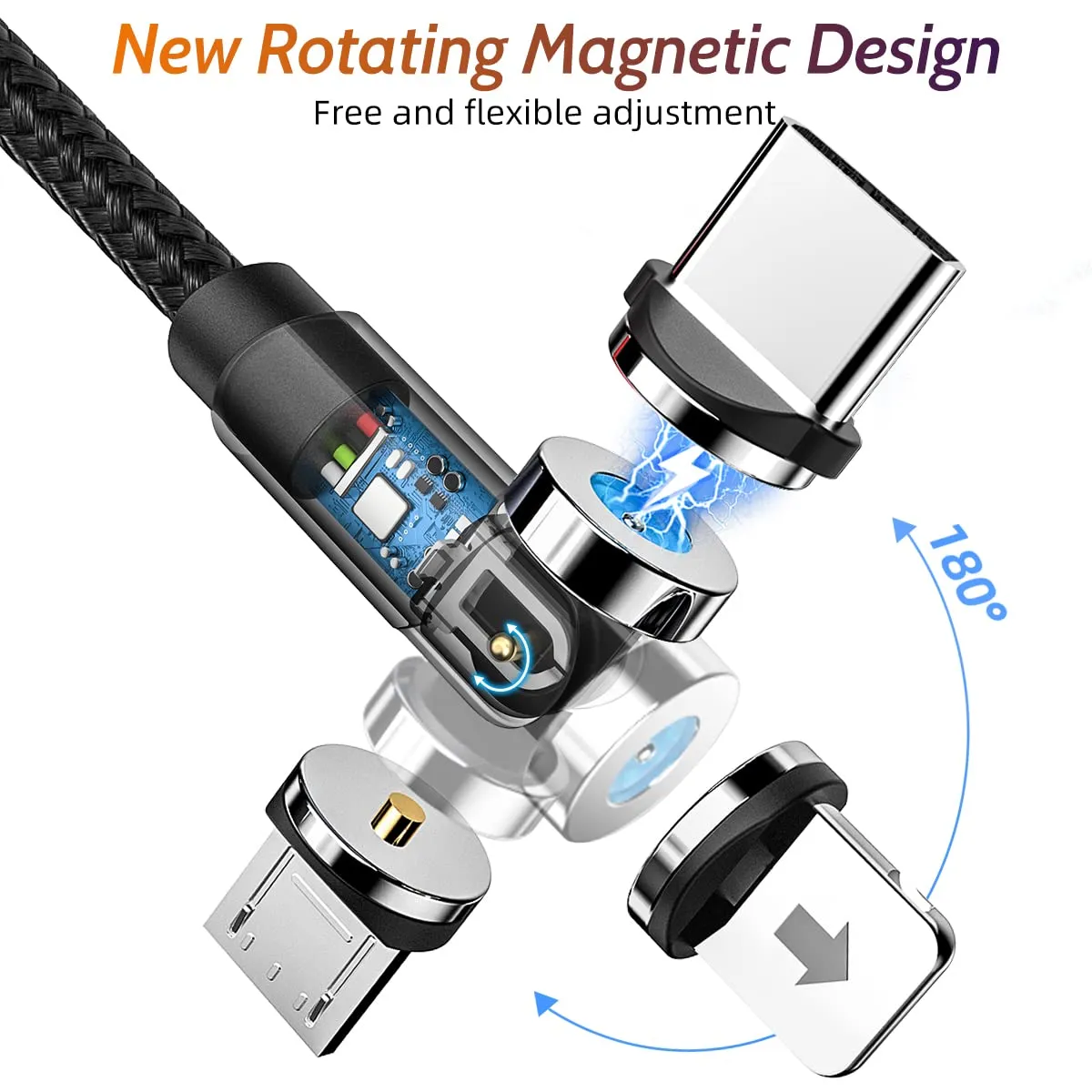 540° Rotating Magnetic Charging Cable (4 Pack 3/3/6/6ft) USB C Magnetic Phone Charger Cable 3 in 1 2.4A Fast Charge Cord for iPhone Samsung Moto Oneplus Android Tablet TWS Earbuds Gamepad
