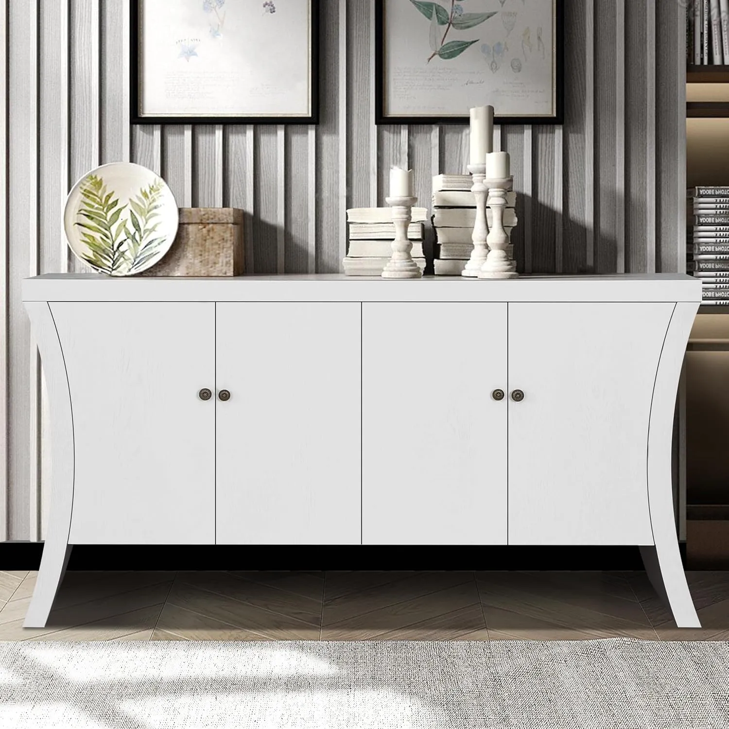 59" Retro Sideboard with Curved Legs, Refined Industrial Wooden Credenza Storage Buffet Cabinet with 4 Doors, Entryway Console Table with Solid Wood Legs for Living Room, Dining Room (White)