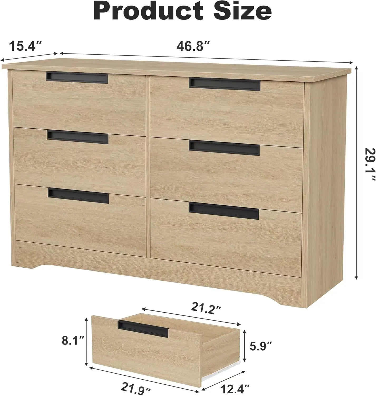 6 Drawer Dresser for Bedroom, Natural Modern Double Dresser Organizer with Embedded Handles Design, Wooden Chest of Drawers for Living Room, Nursery, Hallway