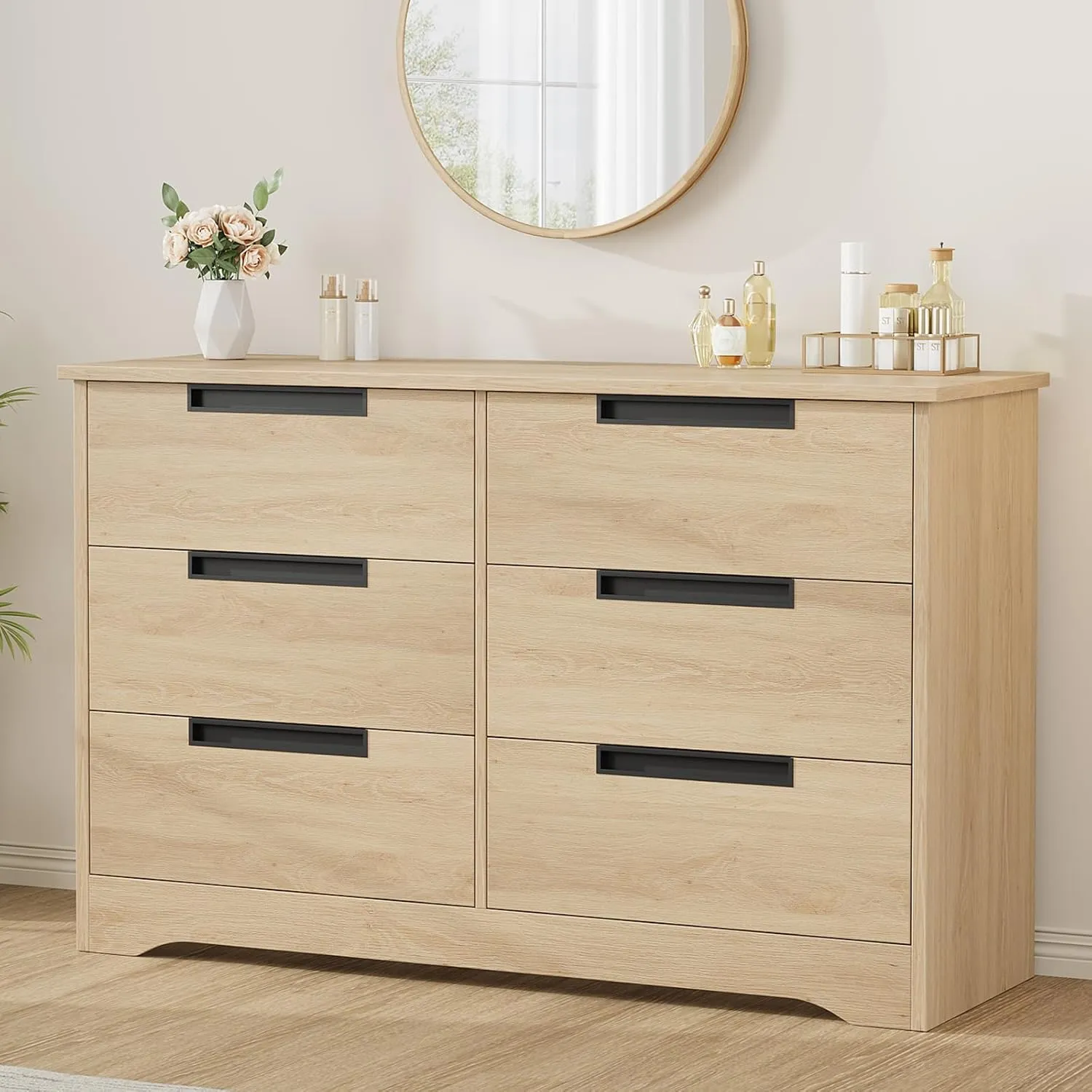 6 Drawer Dresser for Bedroom, Natural Modern Double Dresser Organizer with Embedded Handles Design, Wooden Chest of Drawers for Living Room, Nursery, Hallway