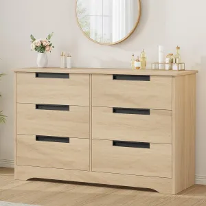 6 Drawer Dresser for Bedroom, Natural Modern Double Dresser Organizer with Embedded Handles Design, Wooden Chest of Drawers for Living Room, Nursery, Hallway