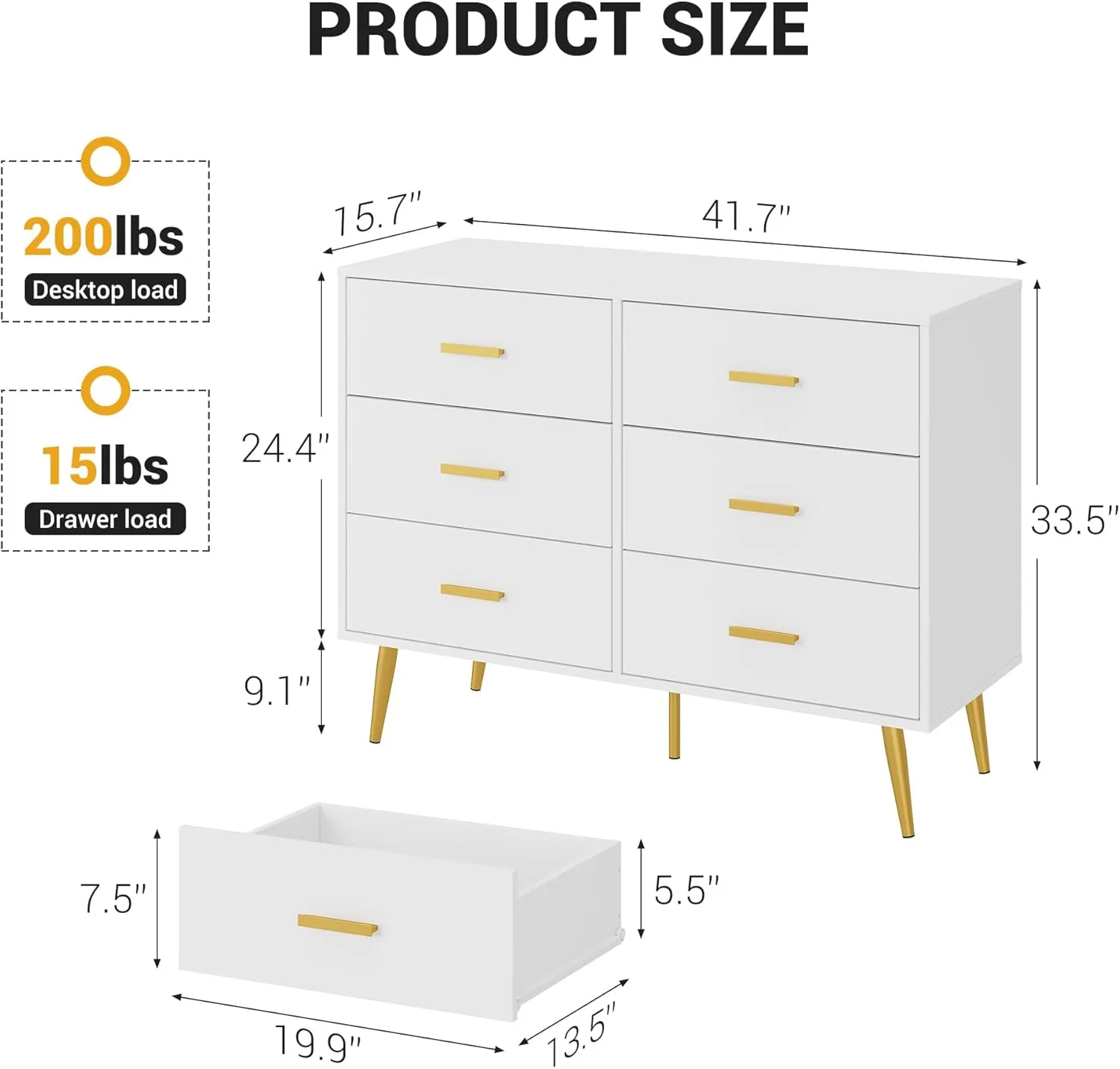 6 Drawer Dresser, Modern Wooden Dresser with Gold Handles and Storage Space, Chest of Drawers for Bedroom, Hallway, Living Room and Entryway, White