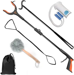 6 In 1 Hip Kit, Knee Back Surgery Hip Replacement Recovery Kit With 32" Grabber Reacher Tool,Sock Aid Device for Seniors,Shoe Horn Long Handle & Dressing Stick,Leg Lifter,Bath Sponge,Storage Bag