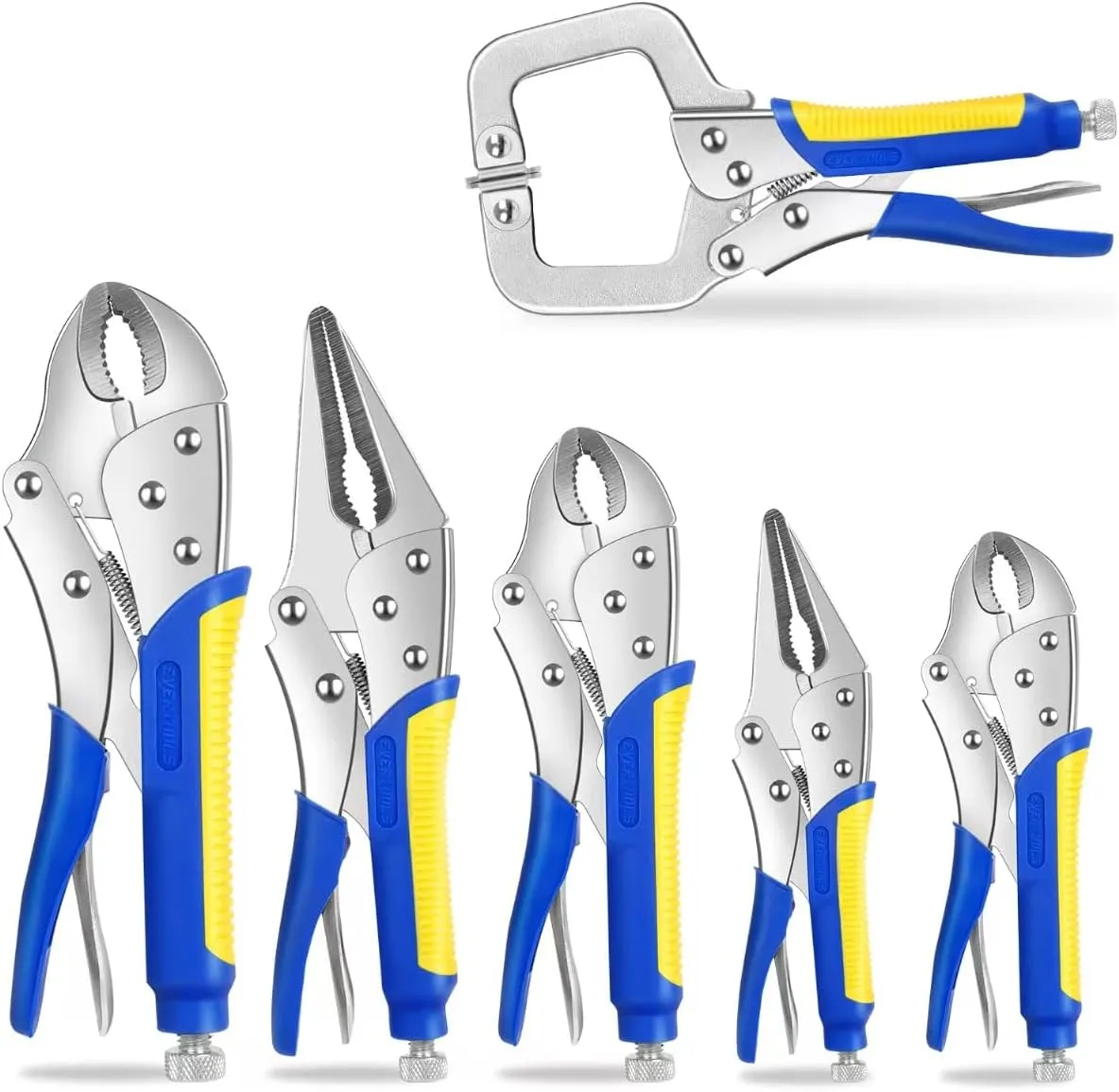6-Piece Locking Pliers, Heavy Duty Vice Grips Set, 5", 7" & 10" Curved Jaw & 6-1/2" & 9-1/2" Long Nose, 6" C-Clamp, for Welding and Metal Bending.