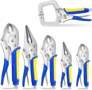 6-Piece Locking Pliers, Heavy Duty Vice Grips Set, 5", 7" & 10" Curved Jaw & 6-1/2" & 9-1/2" Long Nose, 6" C-Clamp, for Welding and Metal Bending.