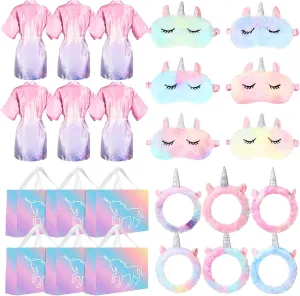 6 Sets Unicorn Spa Party Supplies for Girls Include Spa Satin Robe Headband Eye Mask Handbag Spa Sleepover Party Favors