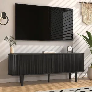 63'' TV Stand, TV Stands for Living Room, Entertainment Center with Storage and Sliding Door for 50/55/60/65 inch TV, Mid Century Modern TV Consoles Media Console Table for Bedroom(Black)
