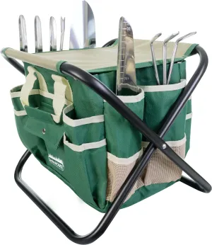 7-Piece Gardening Tool Set – Stainless Steel Tools with Wooden Handles, Folding Stool, and Canvas Tote Bag, Green and White – Ideal Gardening Gift for Women, Men, and Mother's Day