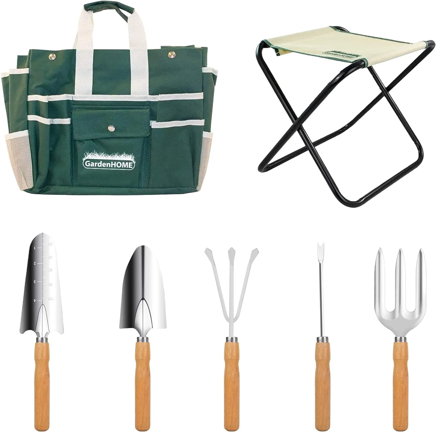 7-Piece Gardening Tool Set – Stainless Steel Tools with Wooden Handles, Folding Stool, and Canvas Tote Bag, Green and White – Ideal Gardening Gift for Women, Men, and Mother's Day