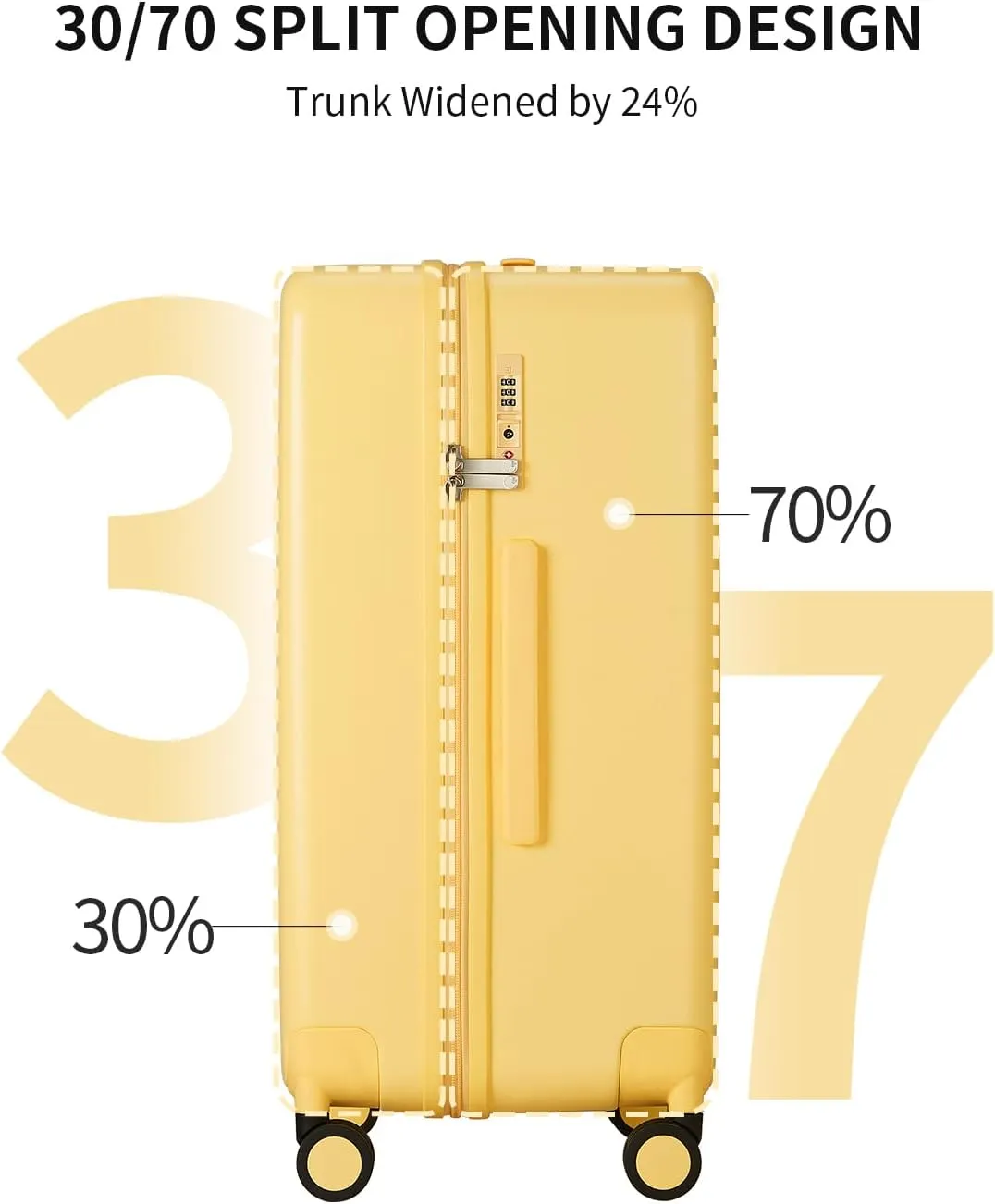 70/30 Split Open 26 Inch Checked Luggage with Spinner Wheels,Travel Suitcase with Adjustable Velcro for Flexible Large Capacity,Hardside Suitcase for Men Women,for 20 Days Travel,Cheese Yellow