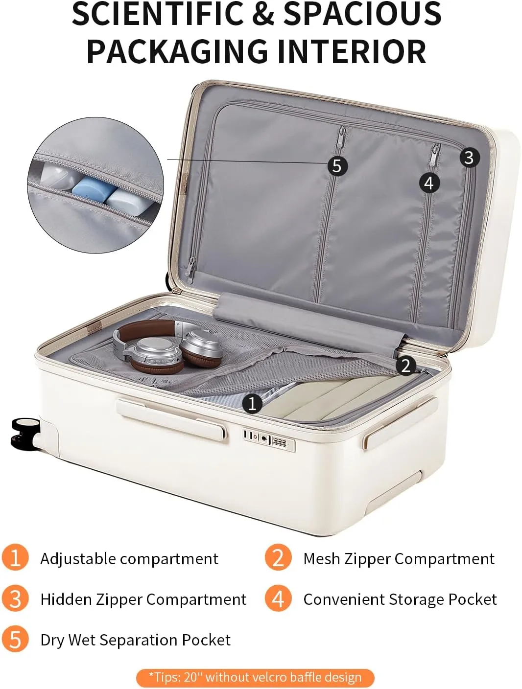 70/30 Split Open 26 Inch Checked Luggage with Spinner Wheels,Travel Suitcase with Adjustable Velcro for Flexible Large Capacity,Hardside Suitcase for Men Women,for 20 Days Travel,Coconut White