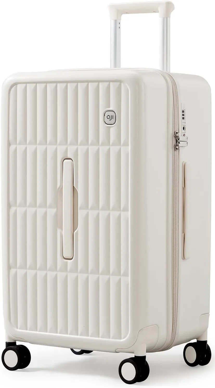 70/30 Split Open 26 Inch Checked Luggage with Spinner Wheels,Travel Suitcase with Adjustable Velcro for Flexible Large Capacity,Hardside Suitcase for Men Women,for 20 Days Travel,Coconut White