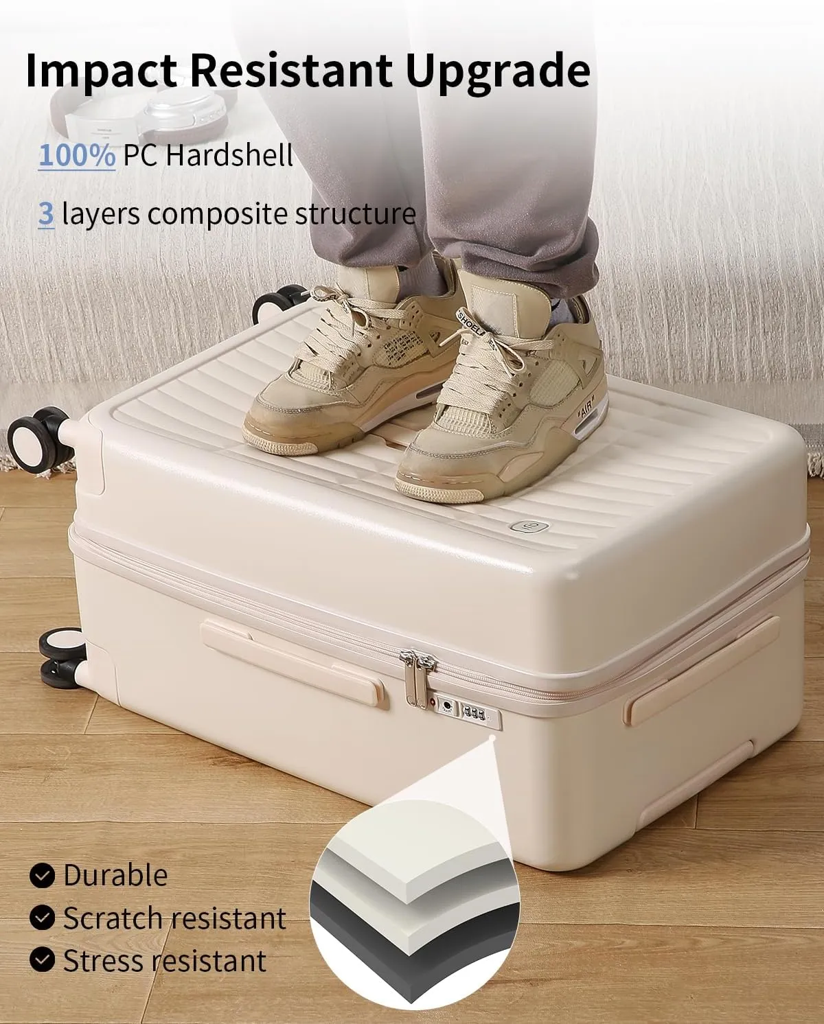 70/30 Split Open 26 Inch Checked Luggage with Spinner Wheels,Travel Suitcase with Adjustable Velcro for Flexible Large Capacity,Hardside Suitcase for Men Women,for 20 Days Travel,Coconut White