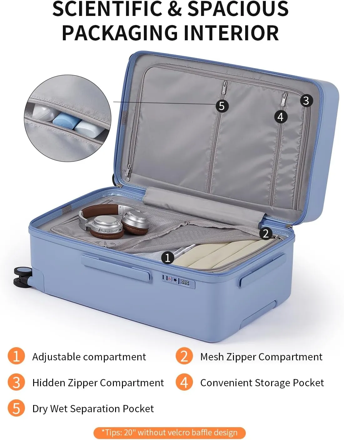 70/30 Split Opening Carry On Luggage Airline Approved, 20 Inch Lightweight Trunk Luggage with 360° Spinner Wheel, Travel Carry On Suitcase with Dry Wet Separation Bag for Women Men,Blueberry Blue