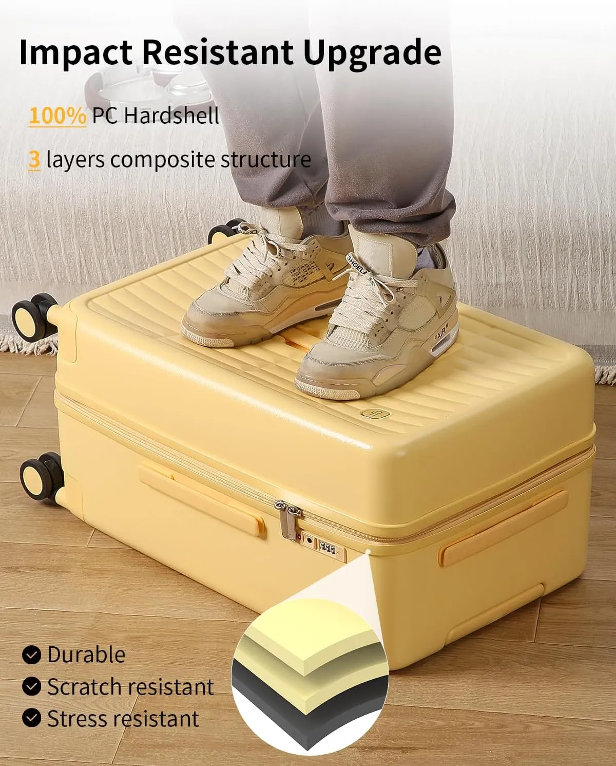 70/30 Split Opening Carry On Luggage Airline Approved, 20 Inch Lightweight Trunk Luggage with 360° Spinner Wheel, Travel Carry On Suitcase with Dry Wet Separation Bag for Women Men,Cheese Yellow