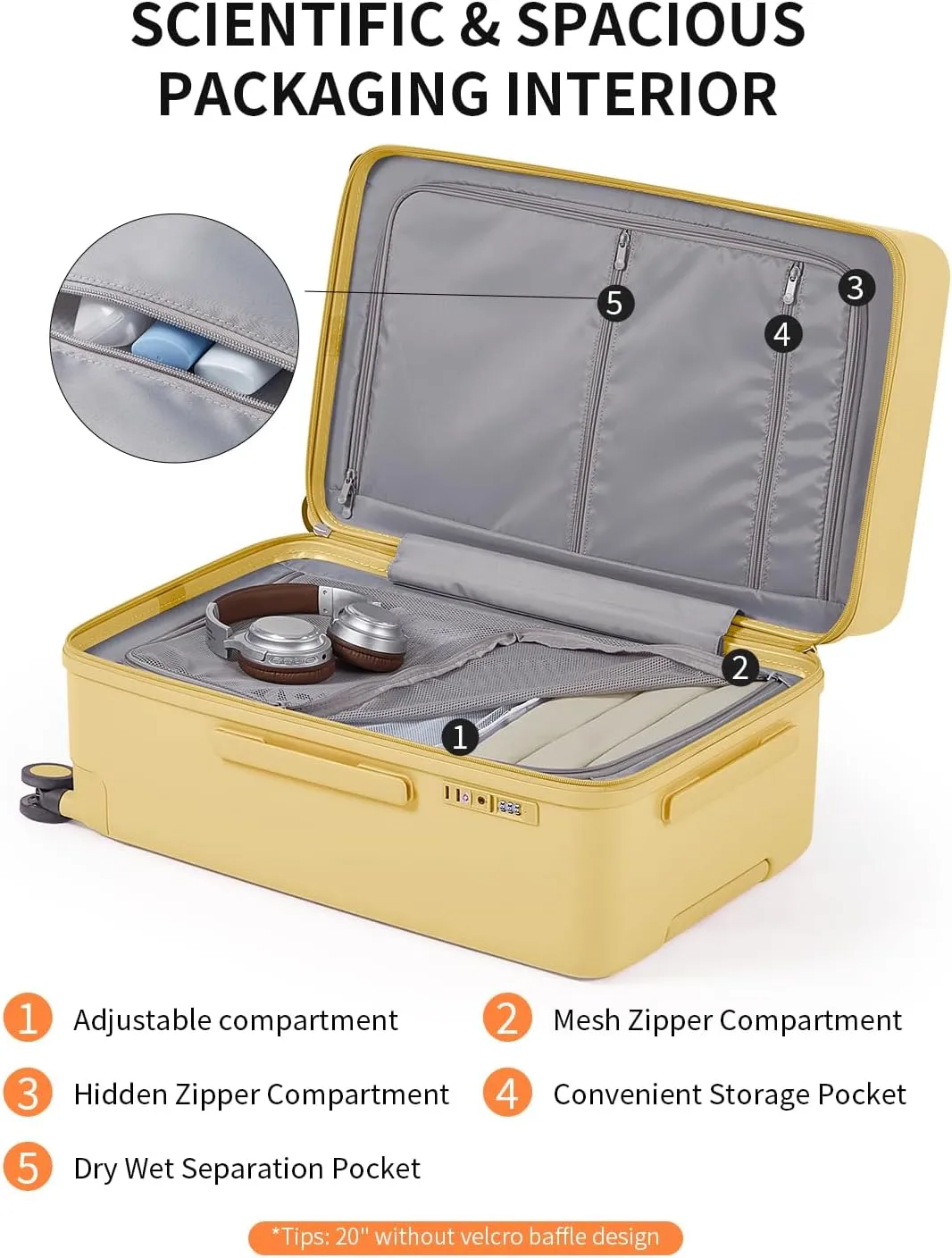 70/30 Split Opening Carry On Luggage Airline Approved, 20 Inch Lightweight Trunk Luggage with 360° Spinner Wheel, Travel Carry On Suitcase with Dry Wet Separation Bag for Women Men,Cheese Yellow