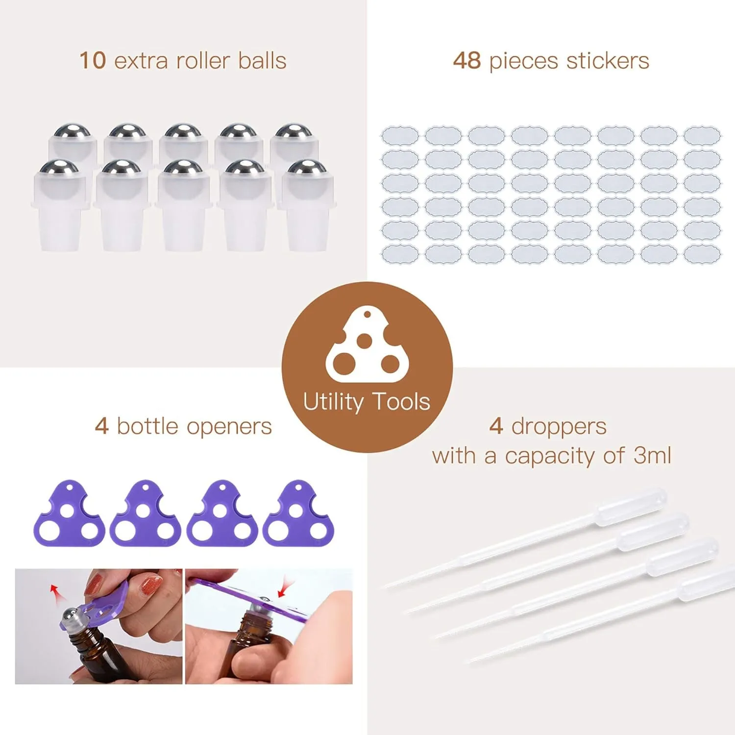 8-/48-Pack Essential Oil Roller Bottles 10Ml, Cobalt Blue/Amber Glass Empty Bottles with Stainless Steel Roller Balls and Waterproof Labels, Roller Balls for Essential Oils
