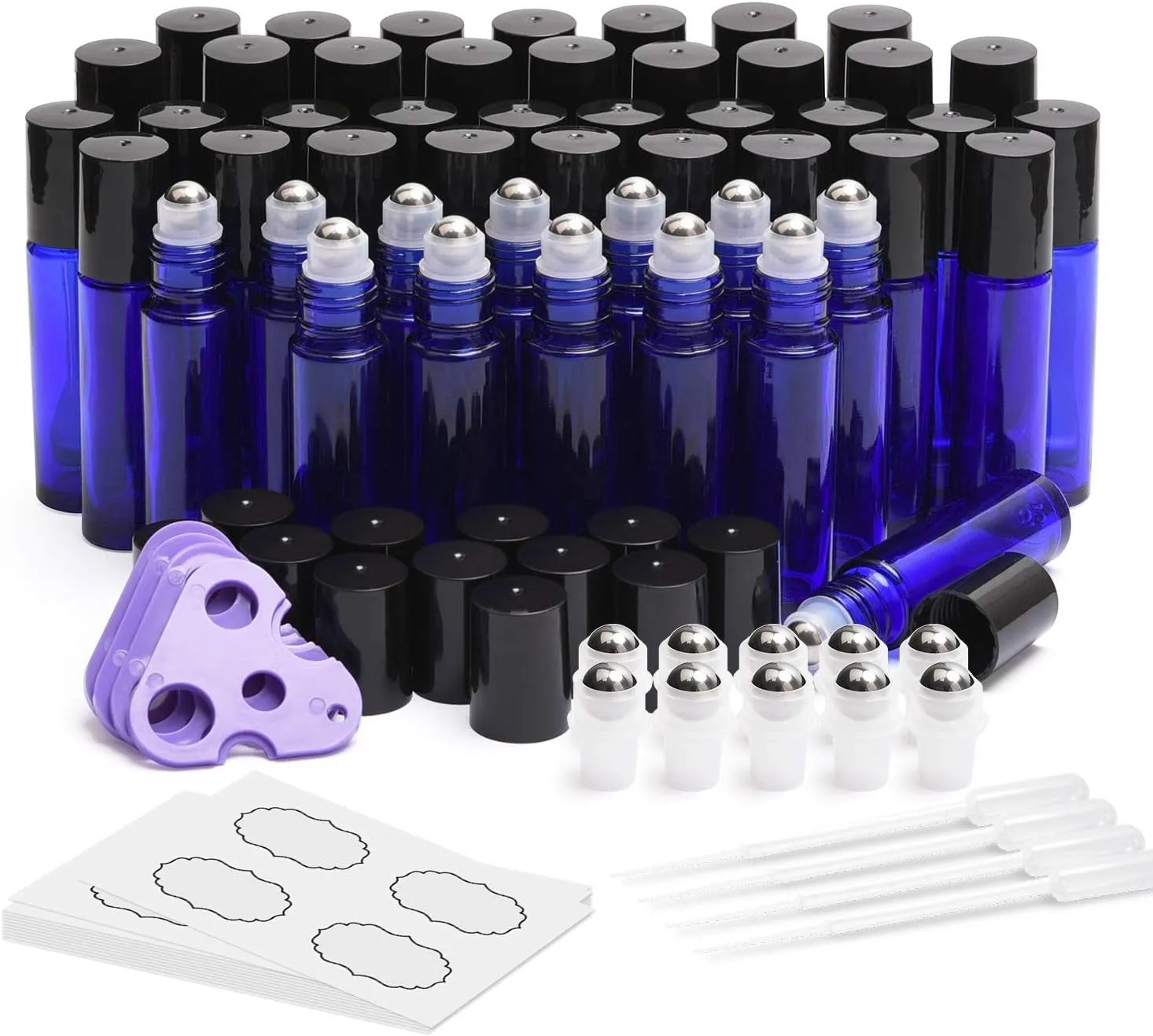 8-/48-Pack Essential Oil Roller Bottles 10Ml, Cobalt Blue/Amber Glass Empty Bottles with Stainless Steel Roller Balls and Waterproof Labels, Roller Balls for Essential Oils