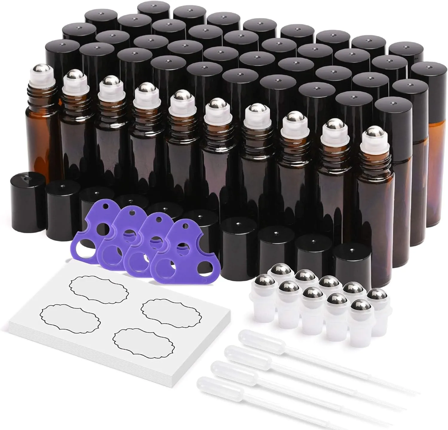 8-/48-Pack Essential Oil Roller Bottles 10Ml, Cobalt Blue/Amber Glass Empty Bottles with Stainless Steel Roller Balls and Waterproof Labels, Roller Balls for Essential Oils