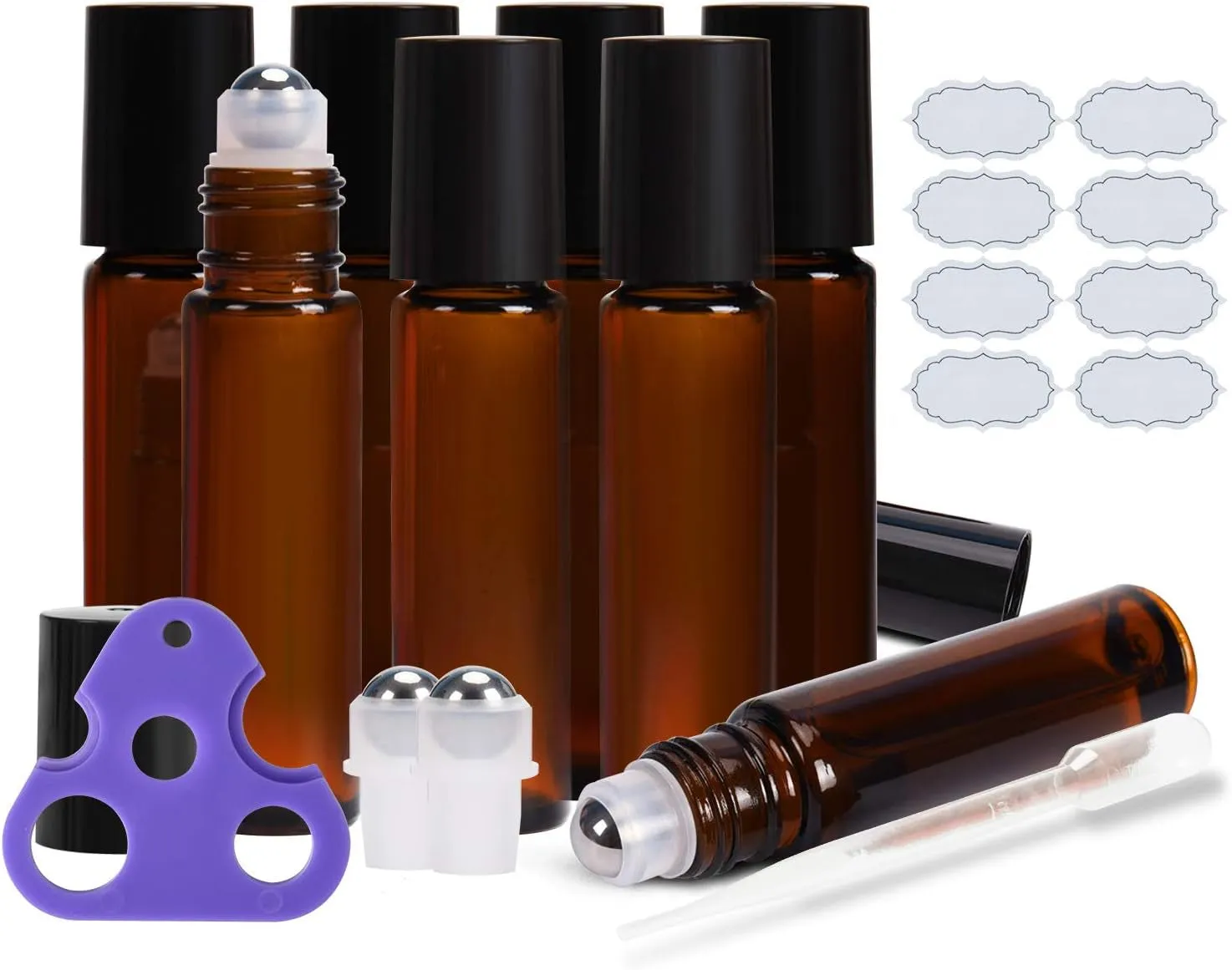 8-/48-Pack Essential Oil Roller Bottles 10Ml, Cobalt Blue/Amber Glass Empty Bottles with Stainless Steel Roller Balls and Waterproof Labels, Roller Balls for Essential Oils