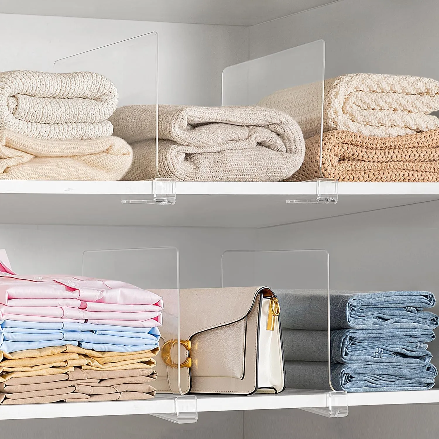 8 PCS 12 Inches [Extra Tall] Clear Shelf Dividers for Closet Organization, Acrylic Purse Organizer for Wooden or Vertical Shelving, Perfect for Sweater, Shirts, Handbags in Bedroom