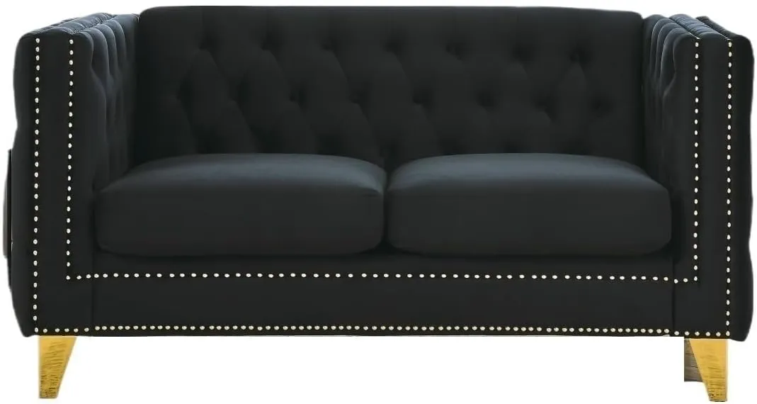 A Beige Sofa with Buttons, Tufting, Square Armrests, and Metal Legs