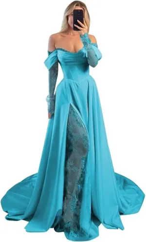 A-line Lace Satin Wedding Dress for Women Off Shoulder, Long Sleeves Cowl Neck Prom Formal Evening Gown