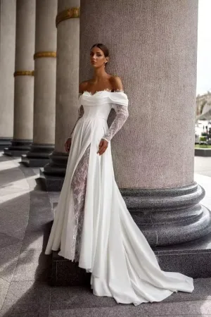 A-line Lace Satin Wedding Dress for Women Off Shoulder, Long Sleeves Cowl Neck Prom Formal Evening Gown