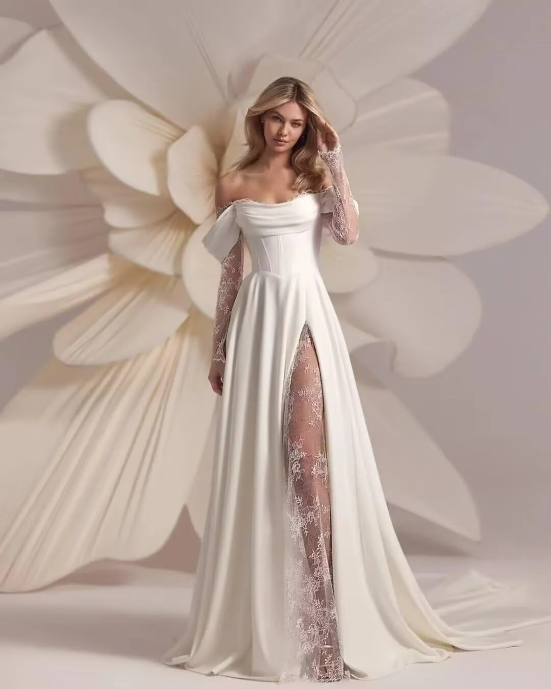 A-line Lace Satin Wedding Dress for Women Off Shoulder, Long Sleeves Cowl Neck Prom Formal Evening Gown