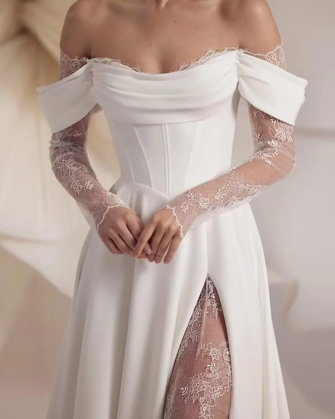A-line Lace Satin Wedding Dress for Women Off Shoulder, Long Sleeves Cowl Neck Prom Formal Evening Gown