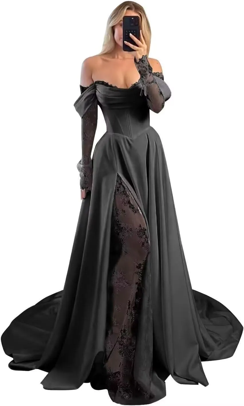 A-line Lace Satin Wedding Dress for Women Off Shoulder, Long Sleeves Cowl Neck Prom Formal Evening Gown
