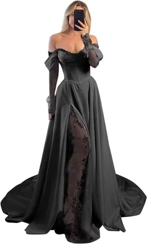 A-line Lace Satin Wedding Dress for Women Off Shoulder, Long Sleeves Cowl Neck Prom Formal Evening Gown