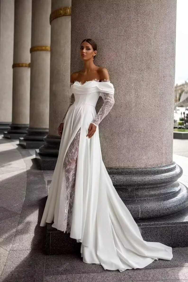 A-line Lace Satin Wedding Dress for Women Off Shoulder, Long Sleeves Cowl Neck Prom Formal Evening Gown