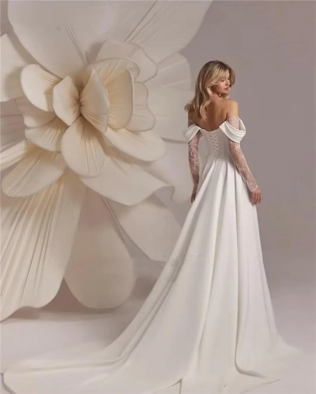 A-line Lace Satin Wedding Dress for Women Off Shoulder, Long Sleeves Cowl Neck Prom Formal Evening Gown